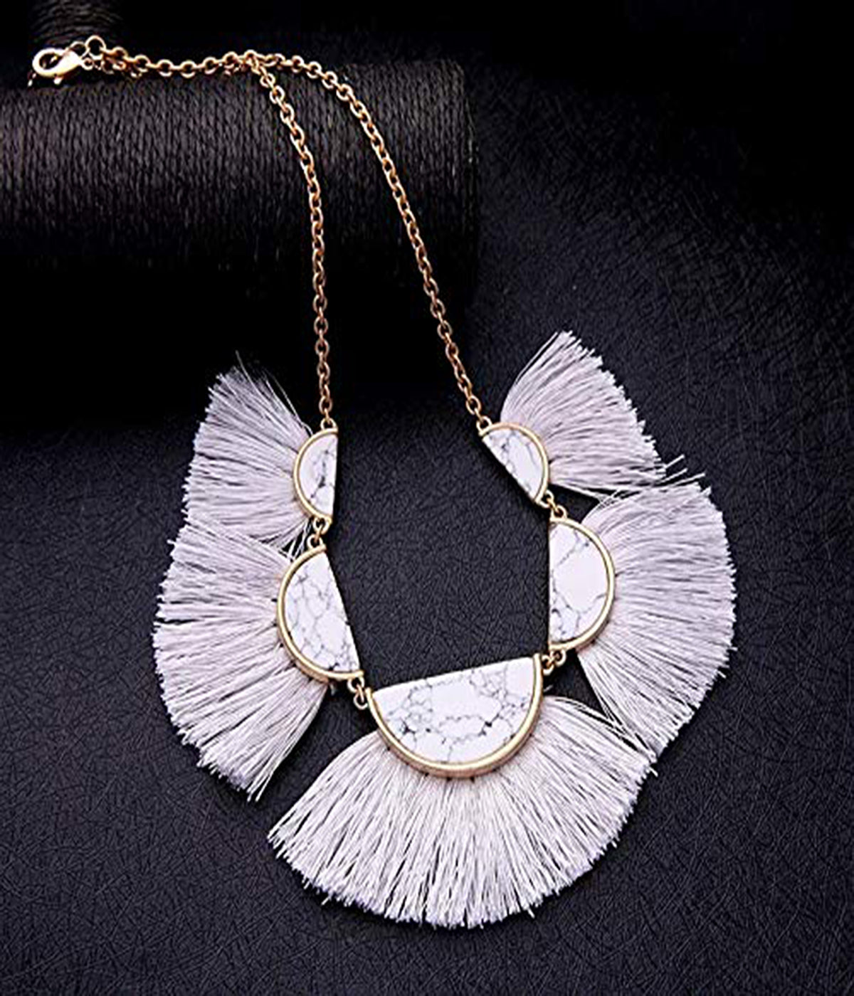 White Semi Circle Marble Necklace with Thread Tassels Jewellery for Women - Coral Tree 