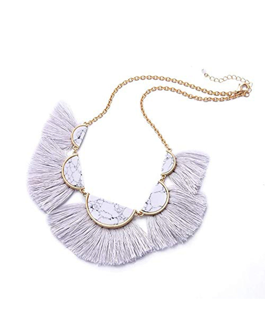 White Semi Circle Marble Necklace with Thread Tassels Jewellery for Women - Coral Tree 