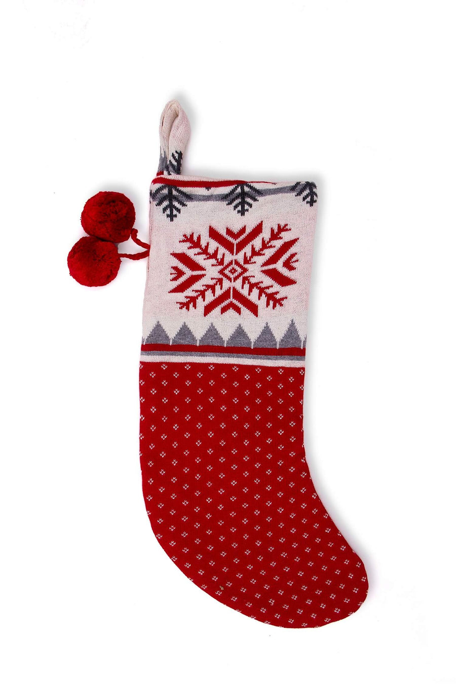 Christmas Stocking- Cotton knitted stocking Red/Natural/Lt Grey Mel/Dk Grey Mel - Coral Tree 