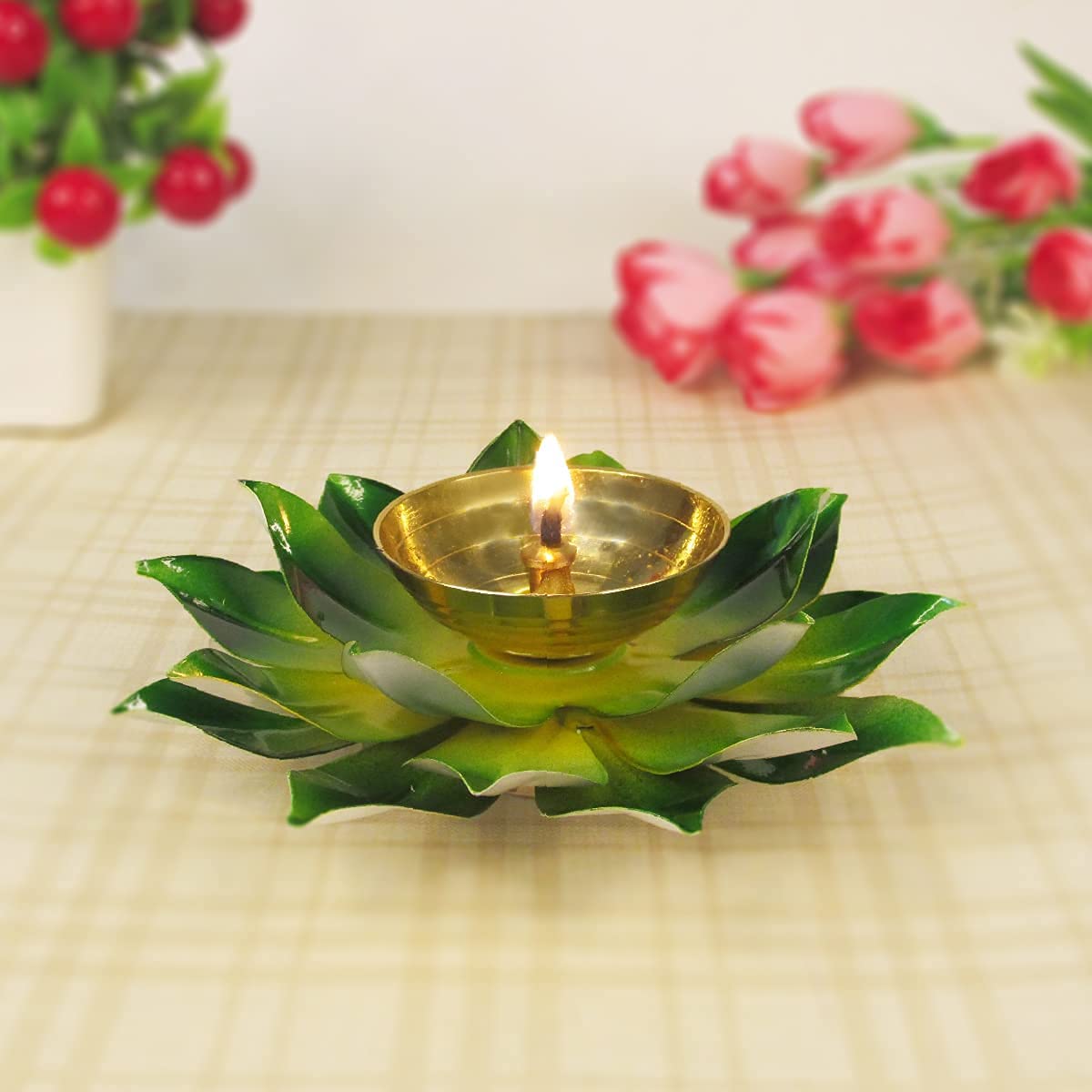 Shine MART Brass Akhand Diya 6",Green Colour, Deepak Lotus Oil lamp Colorful Kamal Design for Diwali Gifting Pack of One