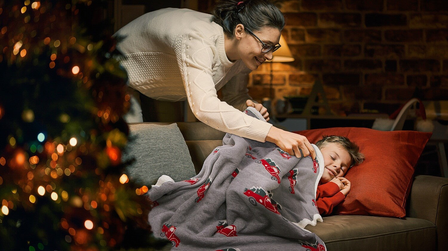Christmas Truck- Light Grey Red, & Charcoal Green Color Front Cotton Knitted with Sherpa Back Blanket / Throw for Kids - Coral Tree 