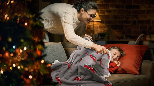Christmas Truck- Light Grey Red, & Charcoal Green Color Front Cotton Knitted with Sherpa Back Blanket / Throw for Kids - Coral Tree 