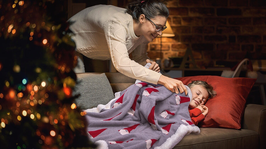 Christmas SANTA - Light Grey Mel,Ivory,Red,DK Mel & Charcoal Green Color Front Cotton Knitted with Sherpa Back Blanket / Throw for Kids - Coral Tree 